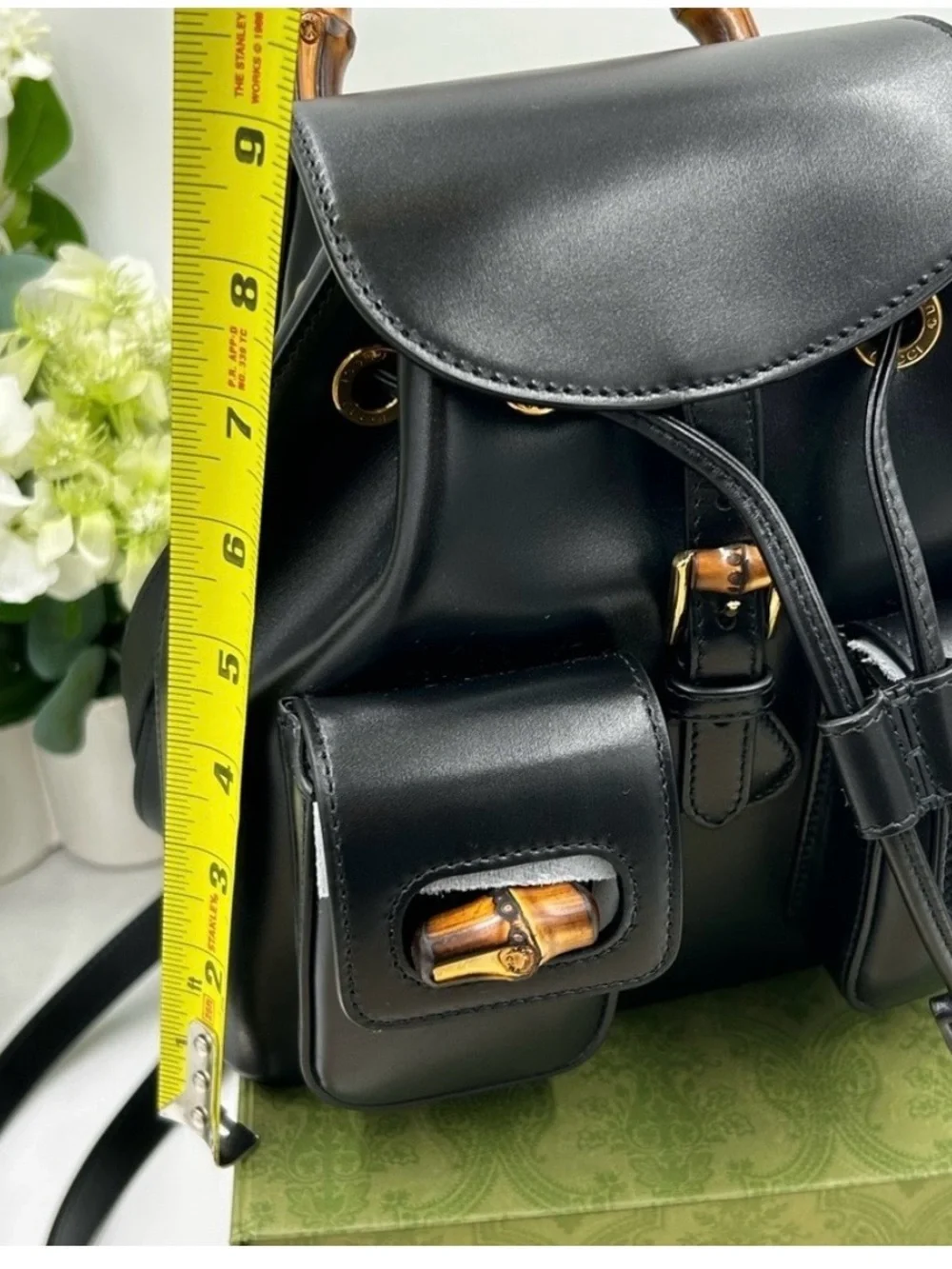Gucci Black Leather Bamboo-Accent Drawstring Backpack